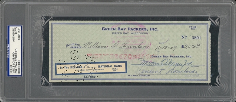 1959 Vince Lombardi Signed Green Bay Packers Check (PSA/DNA)	